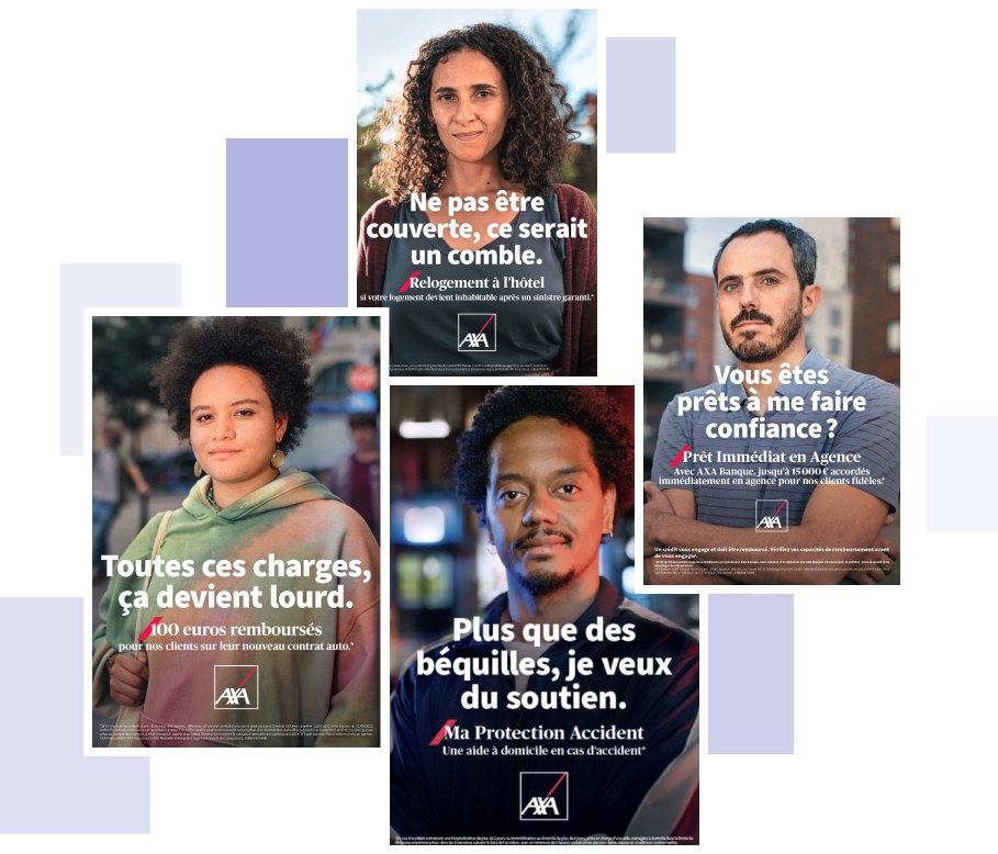 Image représentant différentes affiches issues de la campagne de communication AXA France